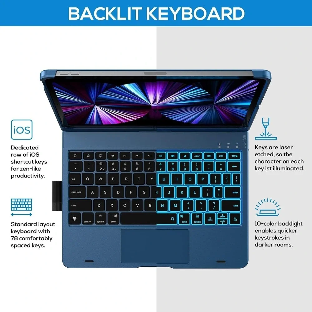 typecase 11 Inch ABS Keyboard Case Trackpad Backlit for iPad Air‎ Pro Blue